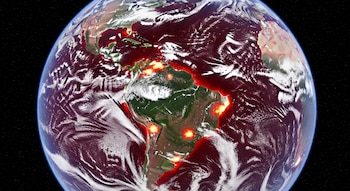 Planeta Tierra desde el espacio con océanos y continentes rojos, nubes blancas, focos de fuego en América del Sur y Australia sobre fondo oscuro.