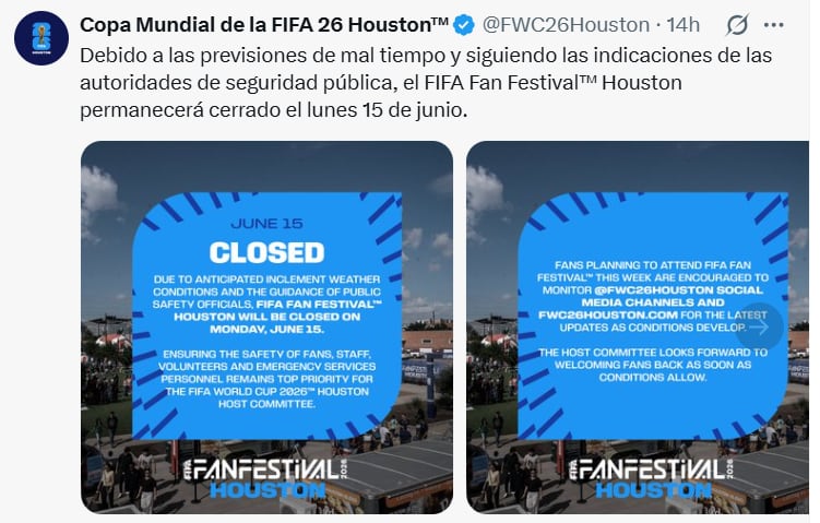Houston suspendió el FIFA Fan Festival por una alerta de lluvias que seguirá vigente hasta el miércoles durante el Mundial (FIFA World Cup 26 Houston)