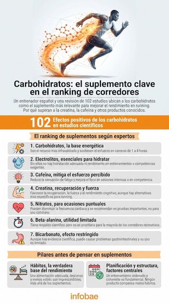 Infografía muestra un corredor, estructuras moleculares, el título Carbohidratos: el suplemento clave, un ranking de siete suplementos y texto informativo.