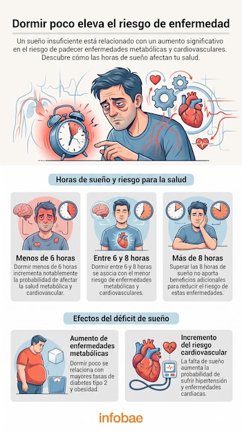 Infografía que muestra un hombre cansado, un despertador, un cerebro, un corazón, una balanza, un tensiómetro y texto explicativo.