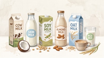 Cartón de leche de vaca, botella de leche descremada, tetrapak de leche de soja, botella de leche de almendra, envase de leche de avena, vaso de leche de arroz. Coco, soja, almendras, avena, café con leche, arroz.