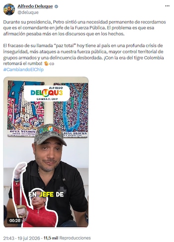 Alfredo Deluque cuestionó la Paz total de Gustavo Petro y atribuyó crisis de seguridad a la política presidencial - crédito @deluque/X