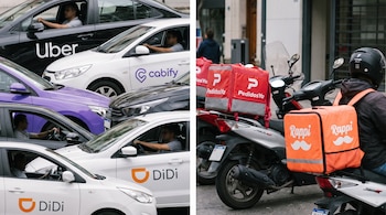Coches con conductores y logos de Uber, Cabify, DiDi; motos con repartidores y mochilas con logos de Pedidos Ya y Rappi, divididos por una línea.