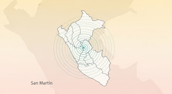 Mapa ilustrativo de la región San Martín, Perú, con sus divisiones internas. Ondas concéntricas turquesas emanan desde el centro sobre un fondo claro. Texto "San Martín".