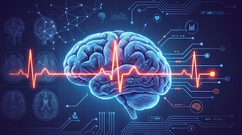 Ilustración de un cerebro humano azul brillante con una onda roja pulsante, circuitos electrónicos y gráficos de actividad cerebral en un fondo oscuro.