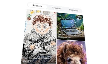 Interfaz digital con pestañas Presets, Created, Imported. Miniaturas: dibujo de niño con guitarra, laptop en acuario, y rostro de llama maquillada