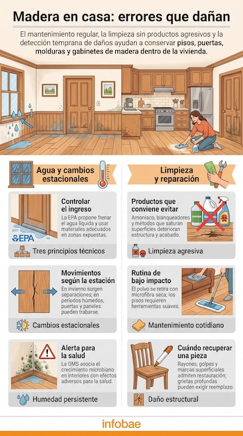 Infografía sobre mantenimiento de madera con ilustraciones de una casa, un piso húmedo, productos prohibidos y recuadros explicativos.