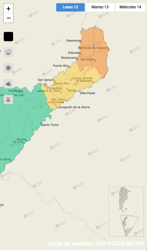 Un mapa del Servicio Meteorológico Nacional indica los niveles de alerta meteorológica en la provincia de Misiones, Argentina, para el lunes 12.