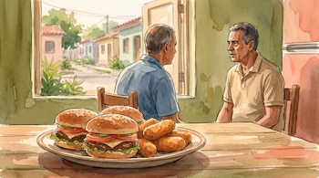 Ilustración de un plato con hamburguesas y croquetas sobre una mesa de madera y dos hombres que conversan junto a una ventana abierta.
