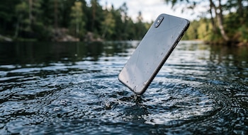 Un teléfono móvil gris con fisuras en la parte trasera toca la superficie del agua cerca de la orilla de un bosque
