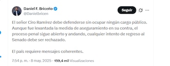 El congresista electo Daniel F. Briceño aseguró en su momento que el senador Ciro Ramírez no debía ocupar un cargo público mientras fuera investigado - crédito @Danielbricen/X