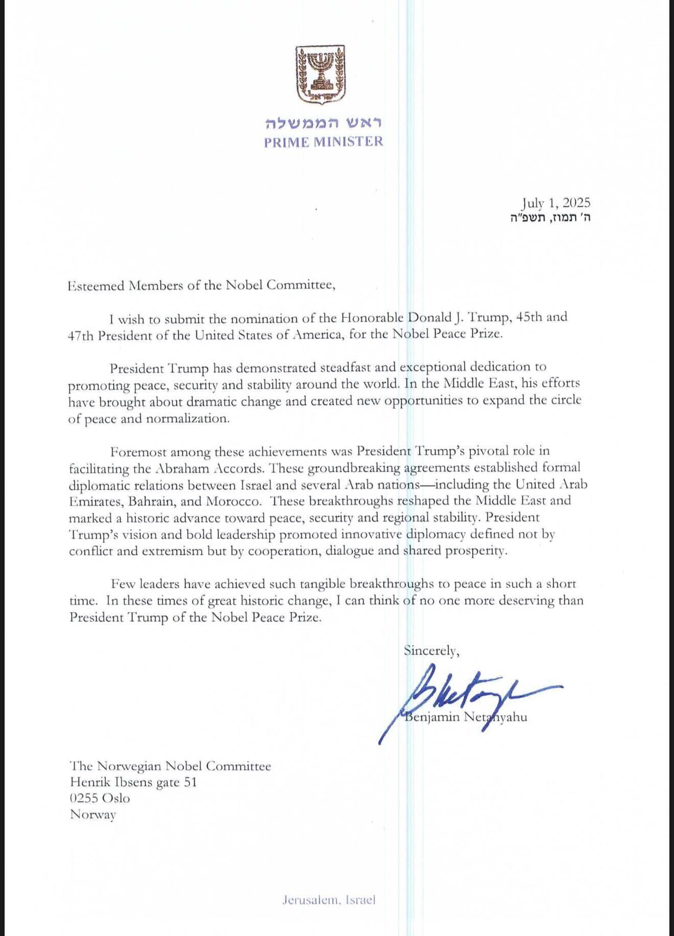 El primer ministro israelí entregó formalmente la carta de nominación durante una cena en la Casa Blanca, donde elogió los esfuerzos diplomáticos del presidente estadounidense en Oriente Medio (Crédito: The Times of Israel)
