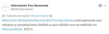 Captura de pantalla de una publicación digital de la cuenta Información Tren Sarmiento sobre interrupciones en el servicio