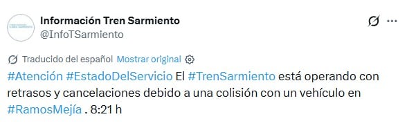El Tren Sarmiento comunica retrasos y cancelaciones en el servicio tras una colisión con un vehículo en Ramos Mejía (Tresnes Argentinos)