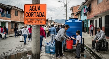 Una escena callejera en un barrio de Bogotá, Colombia, donde residentes recogen agua de un gran tanque azul. Un cartel naranja anuncia 'AGUA CORTADA'.