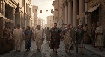 Personas con togas, armaduras y vestimenta de piel transitan una calle romana adoquinada con edificios, columnas, estandartes, barriles y puestos.