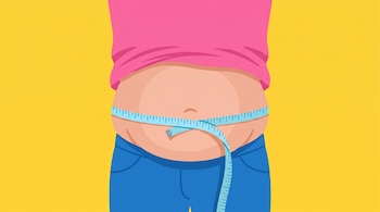 Ilustración plana de un abdomen con una cinta métrica celeste. Se ven una remera rosa y pantalones azules sobre un fondo amarillo liso.