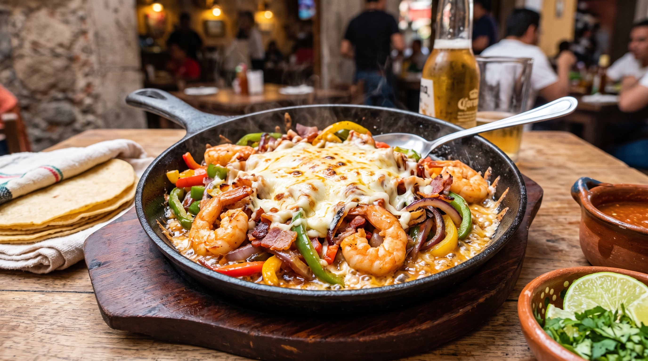 Un alambre de camarones salteado con pimientos, cebolla y tocino se sirve cubierto con queso fundido en una sartén de hierro. (Imagen Ilustrativa Infobae)