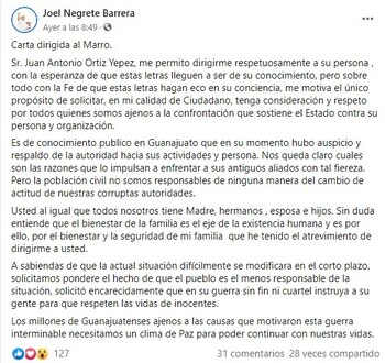 Carta Joel Negrete Barrera (Foto: