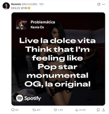 Tuit de Kenia Os con captura de pantalla de Spotify, muestra el título de la canción
