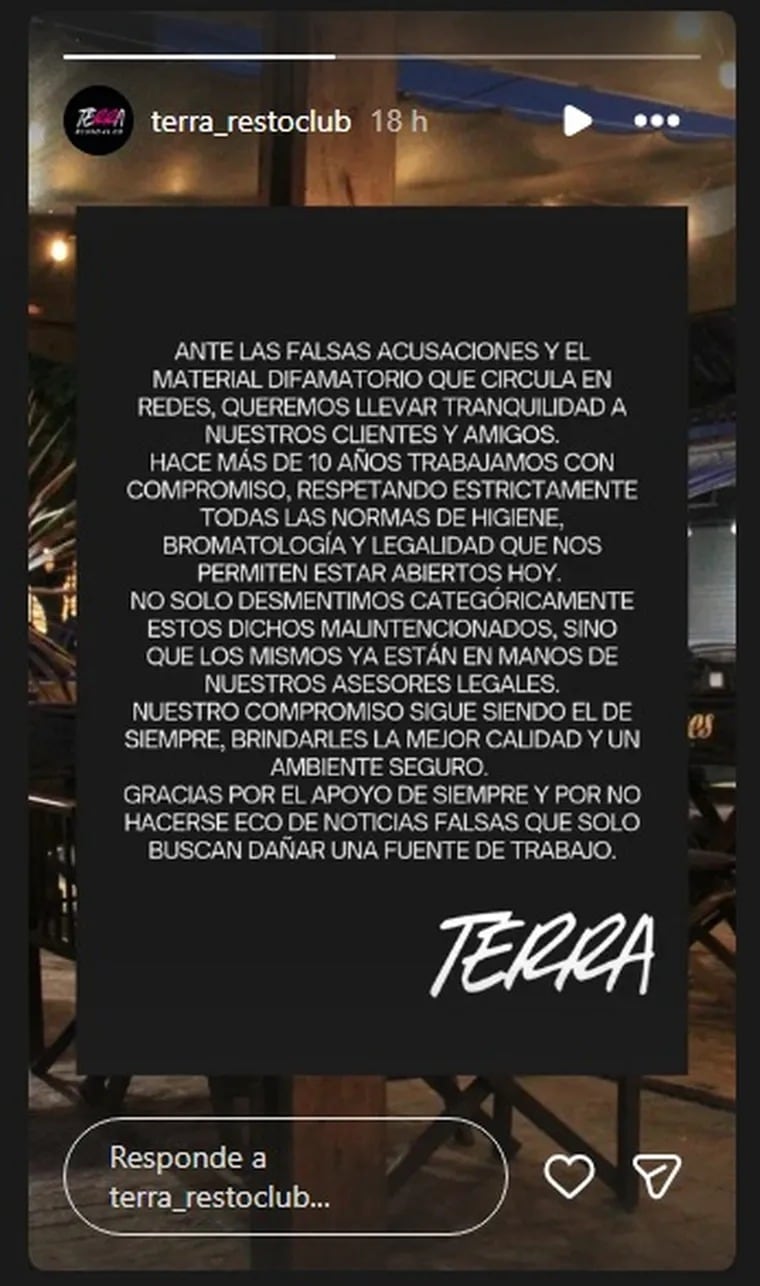 La administración de Terra Resto Club rechazó las acusaciones, calificándolas de falsas y difamatorias en un comunicado oficial
