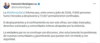 El presidente del Senado Honorio Henríquez difundió en X un informe de la Defensoría del Pueblo sobre desplazamiento forzado y confinamiento en Colombia - crédito @honohenriquez/X