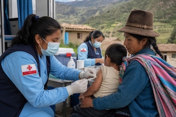 Una trabajadora de salud con mascarilla aplica una inyección a un niño sostenido por una mujer con sombrero en un entorno rural andino.