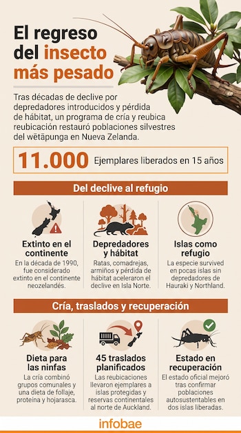 Una infografía con la ilustración de un insecto wētāpunga sobre hojas, mapas de Nueva Zelanda, íconos explicativos y el logotipo de Infobae.