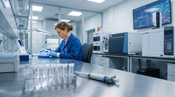 Una científica con bata azul manipula tubos de laboratorio frente a una mesa metálica con pipetas y equipos de análisis.