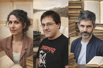 Retrato collage de Marina Closs, Carlos Busqued y Mariano Quirós, con fondos literarios y un paisaje de río.