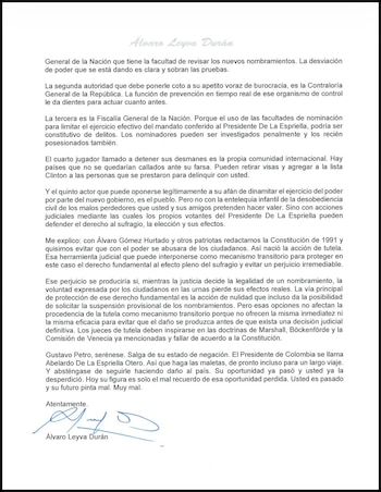 La carta de Álvaro Leyva que revive un caso de Estados Unidos para cuestionar los nombramientos de Gustavo Petro - crédito @AlvaroLeyva/X