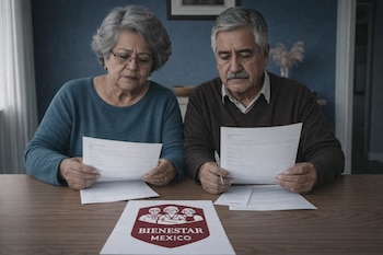 Una mujer y un hombre de edad avanzada se sientan a una mesa de madera y leen documentos; sobre la mesa hay un papel con el texto Bienestar México.