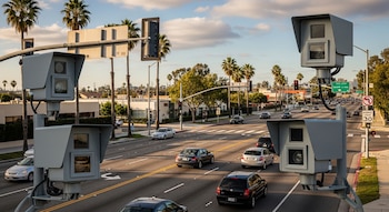 Múltiples cámaras de control de velocidad grises montadas en postes sobre una concurrida avenida de Los Ángeles con vehículos, palmeras y edificios bajo un cielo nublado.