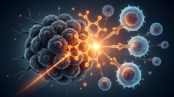 Una ilustración 3D de células oscuras tipo tumor atacadas por células inmunes claras con un brillante patrón molecular y haces de luz.