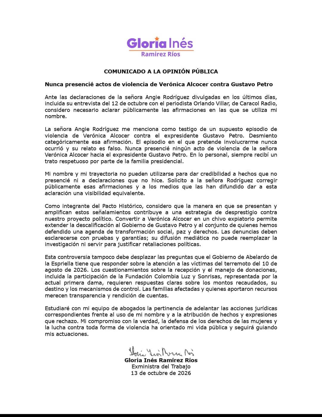 La exfuncionaria anunció que estudiará con su equipo de abogados la pertinencia de emprender acciones jurídicas por el uso de su nombre y la atribución de hechos y declaraciones que desmintió - crédito @AntonioSanguino/X