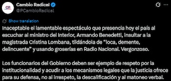 Cambio Radical lanzó pulla a Benedetti señalando que los funcionarios del Gobierno deben ser "ejemplo de respeto" - crédito @PCambioRadical