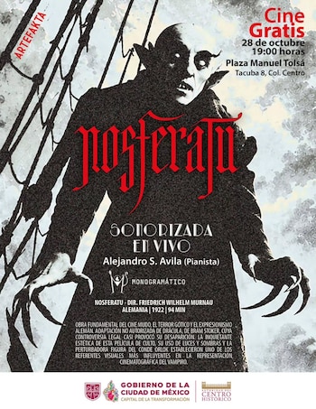 Cartel con la figura del conde Orlok, el título de la película en letras rojas, datos de la función y logotipos institucionales
