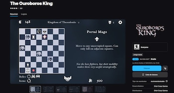 Interfaz del juego 'The Ouroboros King' con un tablero de ajedrez de 8x8, piezas blancas y negras, y la descripción de la unidad 'Portal Mage'