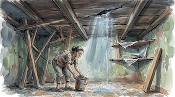 Ilustración de una mujer que sostiene un balde bajo una caída de agua desde una grieta en un techo con vigas de madera.
