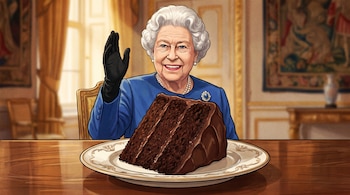 Ilustración de la Reina Isabel II sonriendo, con traje azul y perlas, saludando, junto a un gran trozo de pastel de chocolate en un plato sobre una mesa.