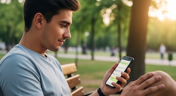 Joven con camiseta azul clara, sentado en un banco de madera en un parque, sostiene un teléfono celular con una aplicación de chat abierta.