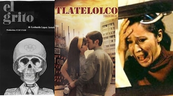 Tres imágenes contiguas: el cartel del documental El grito con una calavera, el afiche de Tlatelolco verano del 68 y una mujer llorando.