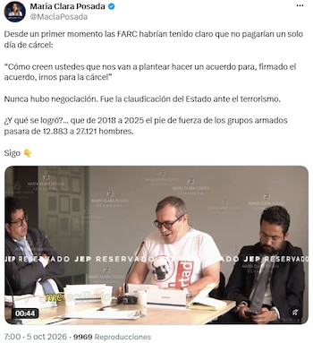 María Clara Posada pidió levantar la reserva de la versión de Timochenko ante la JEP - crédito @MaclaPosada/X