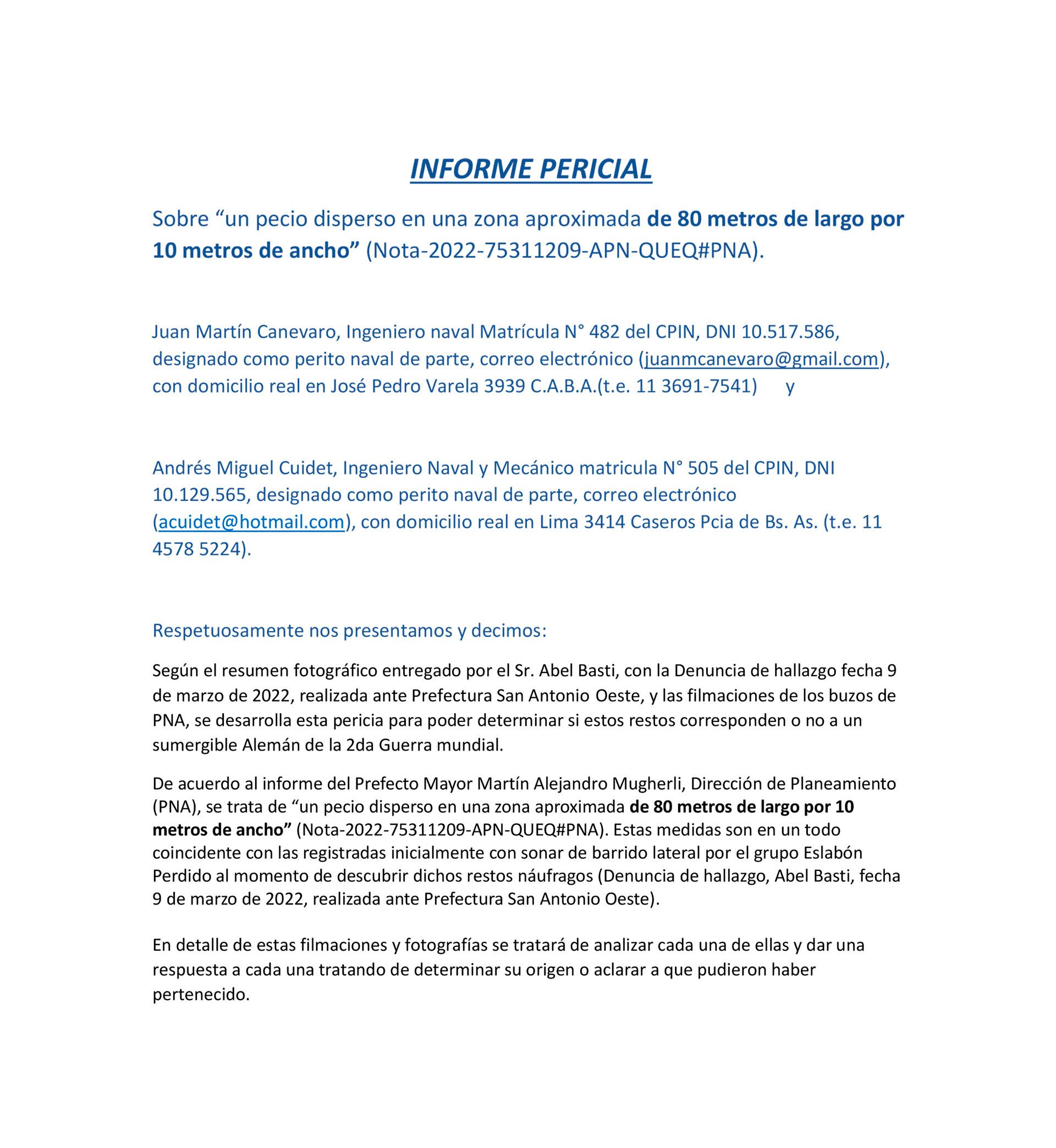 Facsímil de la pericia realizada por los ingenieros navales Juan Martín Canevaro y Andrés Miguel Cuidet