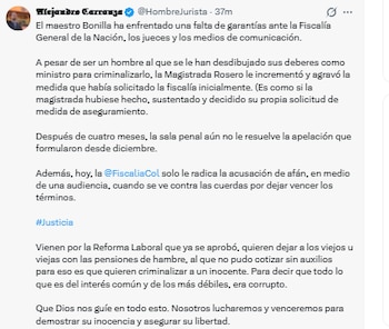 Alejandro Carranza, abogado de Petro y del exministro Ricardo Bonilla - crédito @HombreJurista/X