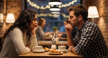Hombre y mujer sentados en un café frente a frente, cada uno con una taza de café humeante y croissants. Fondo borroso con luces y otras personas.