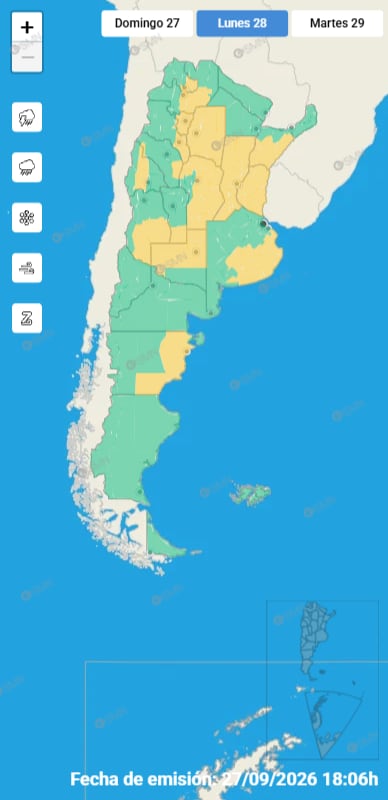 El mapa de alertas meteorológicas del SMN para este lunes