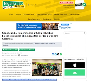 El medio Nigeria Info afirmó que su selección dominó a Colombia durante una parte del primer tiempo del partido, pero no convirtió goles para clasificar - crédito Nigeria Info/Web