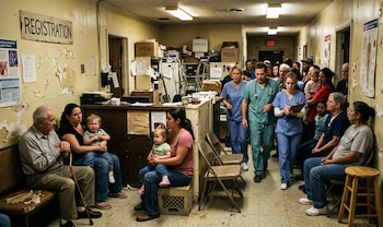 Interior de un concurrido hospital rural con paredes descascaradas. Pacientes de varias edades esperan sentados en sillas y bancos; personal médico camina