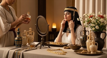 Dos mujeres en vestimenta egipcia, una con diadema frente a un espejo, la otra con un frasco. Mesa con frascos, joyas de oro, textiles y flores.